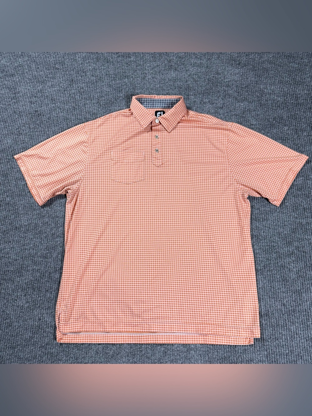 FootJoy Golf Polo Shirt Men XL Orange White Gingham Check Short Sleeve Pocket FJ